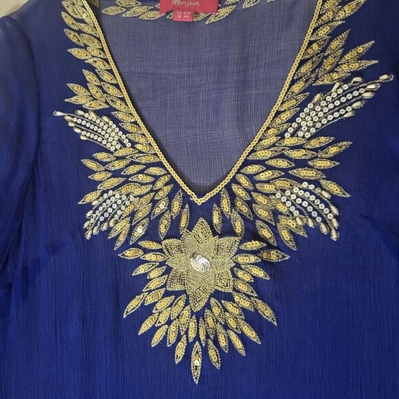 Monsoon Royal Blue & Gold Embroidered Silk Cover up Tunic Dress Size 8 M Resort - Picture 5 of 7